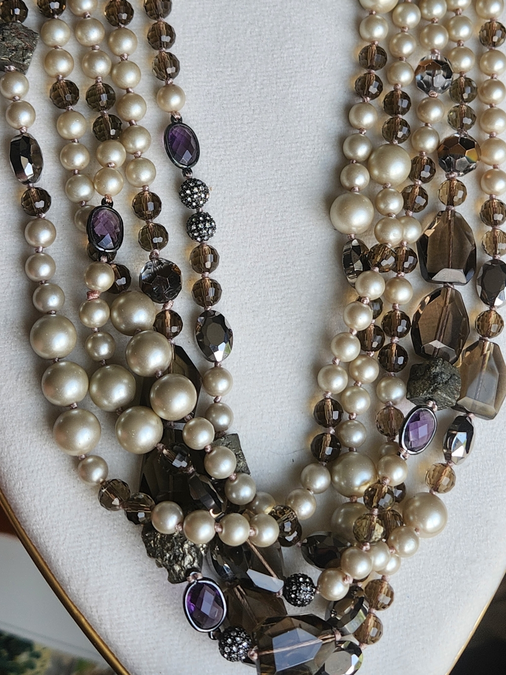 Stella & Dot Astor 5 Strand Pearl Smoky Quartz Crystal Statement Necklace